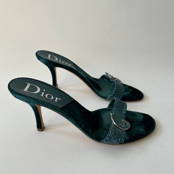 VINTAGE CHRISTIAN DIOR BLUE VELVELT EMBELLISHED HEELS - Picture 4 of 9
